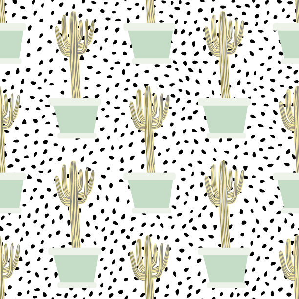 手绘仙人掌在花盆无缝图案。涂鸦的墙纸。仙人掌向量背景。图片下载