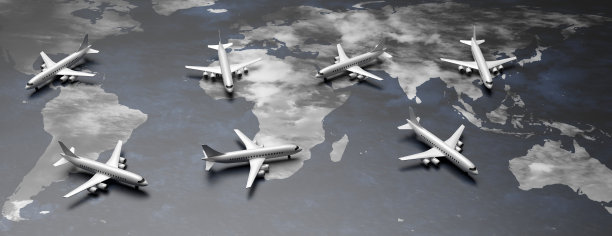 飞机在世界地图的背景。三维演示图片下载