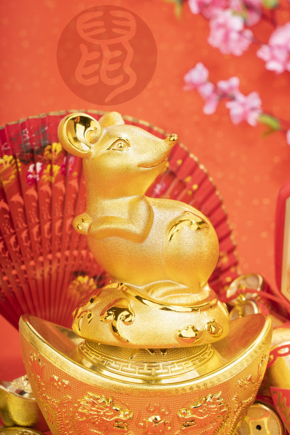 传统中国金鼠雕像鼠，2020年是鼠年，汉字上的装饰翻译:对新年的美好祝福。图片下载