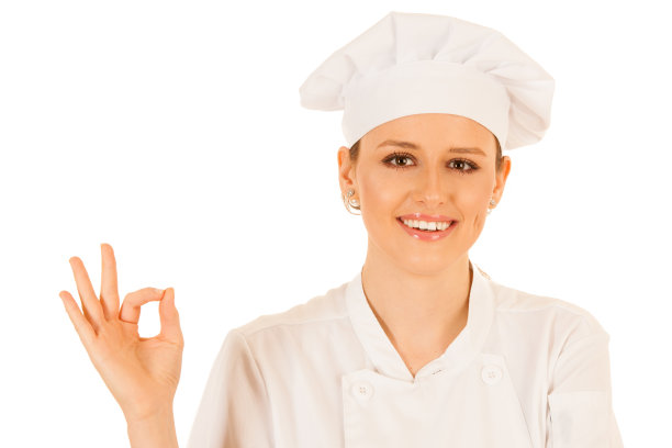 美丽的年轻女厨师手势优秀孤立在白色的背景图片下载