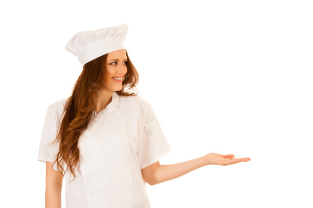 漂亮的厨师在白布上展示新食谱图片下载