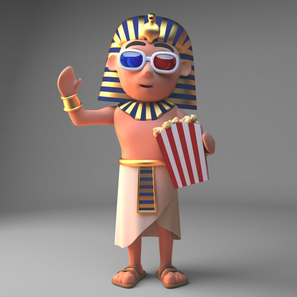 3d卡通法老图坦卡蒙吃着爆米花，看着3d电影，3d插图图片下载