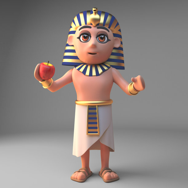 卡通3d法老图坦卡蒙人物吃苹果，3d插图图片下载