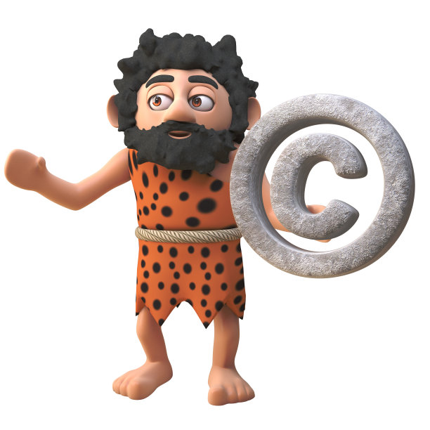 卡通3d史前穴居人角色持有岩石版权标志，3d插图图片下载