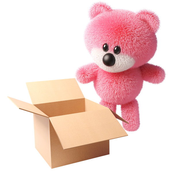 3d卡通毛茸茸的粉色泰迪熊角色看着一个打开的空盒子，3d插图图片下载