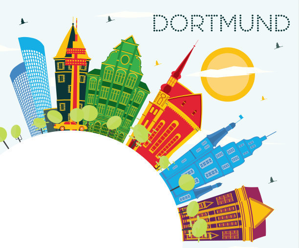多特蒙德德国城市天际线与彩色建筑，蓝天和复制空间。图片下载