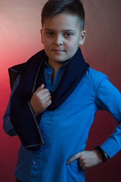 那男孩穿着一件蓝色衬衫，背景是紫色和栗色。图片下载