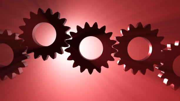 几个齿轮。背景是红色聚光灯。3 d渲染。图片下载