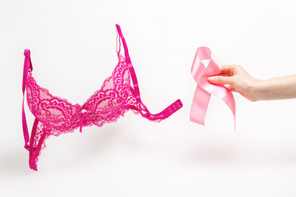 世界癌症日。粉色蕾丝胸罩在白色的背景和一个女人的手与粉红色的缎带。本空间图片下载