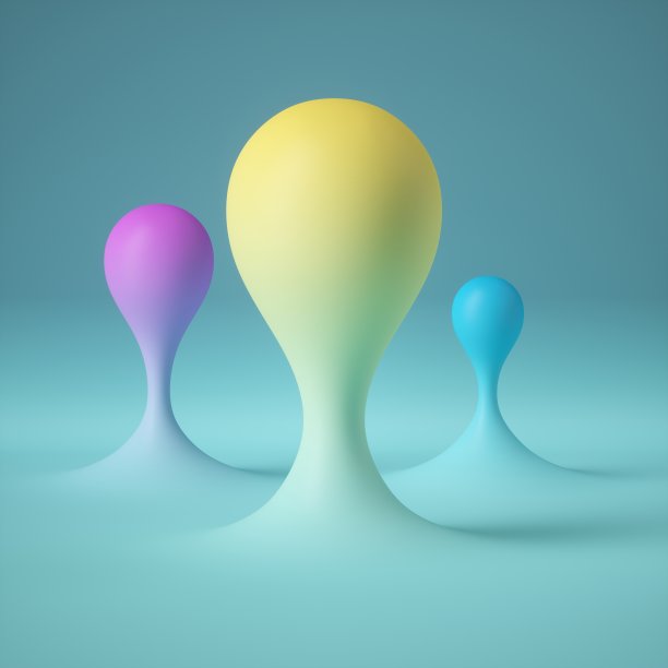 3d渲染，抽象粉彩背景，粉蓝黄气球，液滴，平滑气泡，反重力概念。图片下载