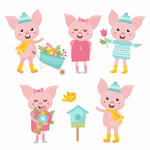 可爱的动物集合。小猪用花园手推车，送春花花束，小猪用鸟窝，送花束。动物们在春天欢庆。图片下载