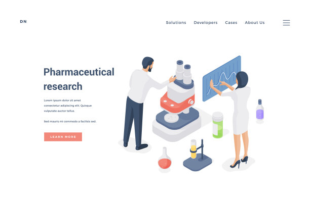 科学家一起进行药物研究。等距矢量图图片下载