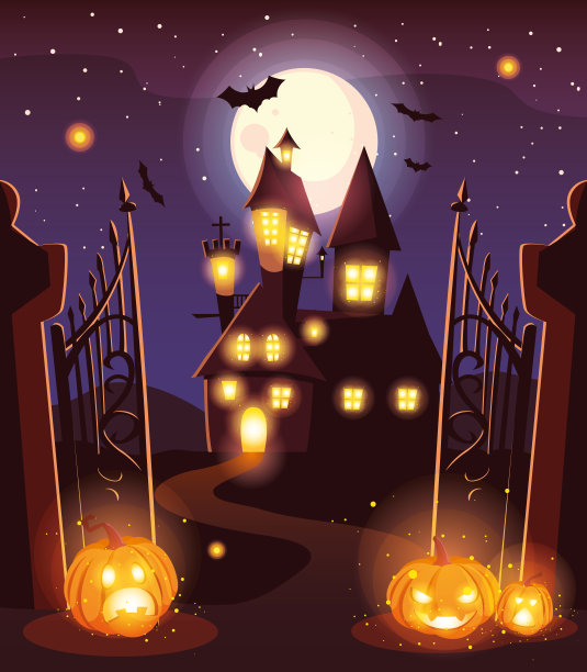 可怕的城堡与月亮在万圣节的场景图片下载