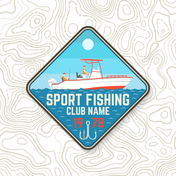 运动钓鱼俱乐部补丁。矢量插图。概念衬衫或标志，印刷，邮票，t恤，补丁。复古的排版设计与渔船轮廓。图片下载