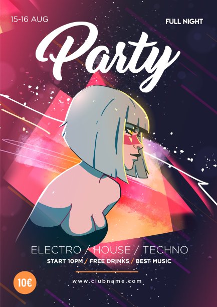 美丽的女孩在抽象的彩色斑点的背景。舞蹈俱乐部晚会海报传单布局模板。彩色音乐迪斯科横幅设计素材图片