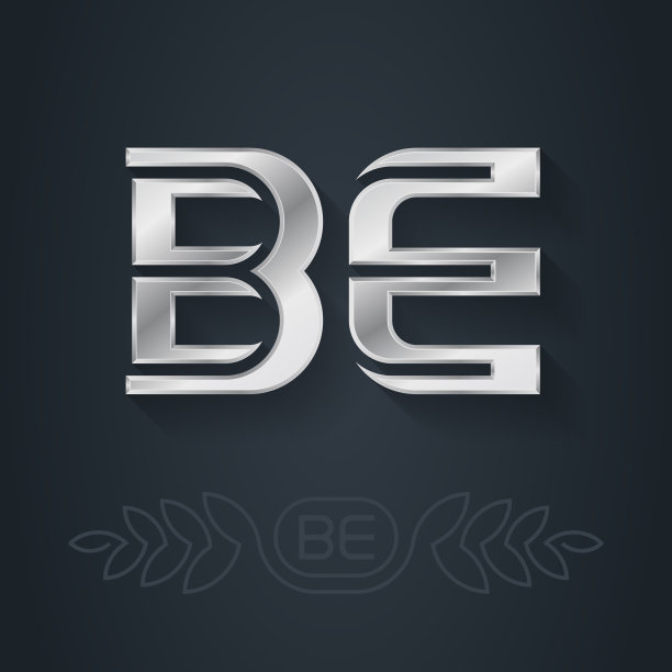 BE字母组合或银色logo。B和E-金属3D图标或标志模板。带线条艺术选项的设计元素。矢量。图片下载