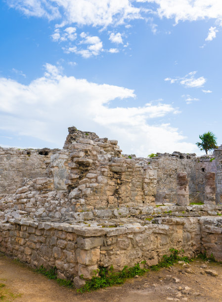 古图卢姆遗址。古玛雅建筑。观景有寺庙等古老建筑、房屋。蓝天绿意盎然的大自然。旅行的照片。墙纸或背景。尤卡坦半岛。图片下载