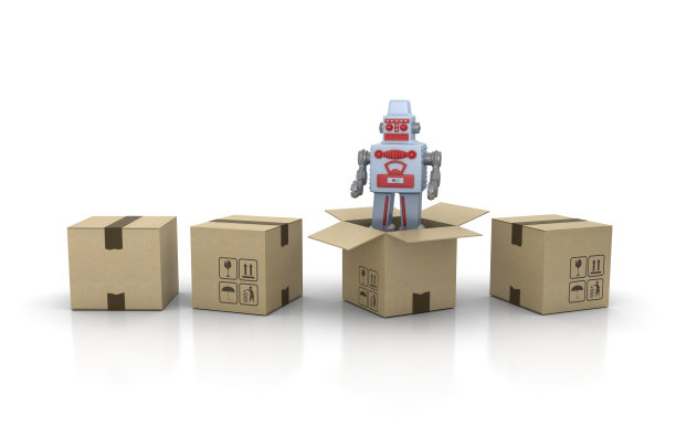 带有复古机器人的纸板盒- 3D渲染图片下载