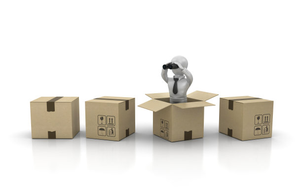 带双筒望远镜的角色纸板盒- 3D渲染图片下载