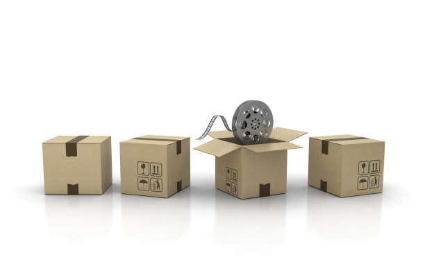 纸板箱与电影卷轴- 3D渲染图片下载
