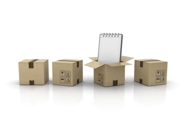 纸板箱与笔记垫- 3D渲染图片下载