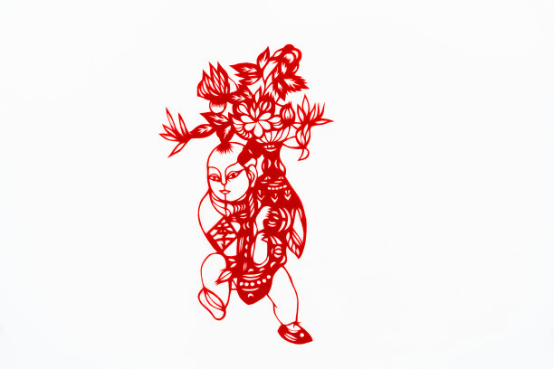 中国传统剪纸艺术图案、花窗。农历新年。象征着幸福和好运。中国吉祥元素。汉字翻译(祝福，长寿，和平，财富，丰饶)素材图片