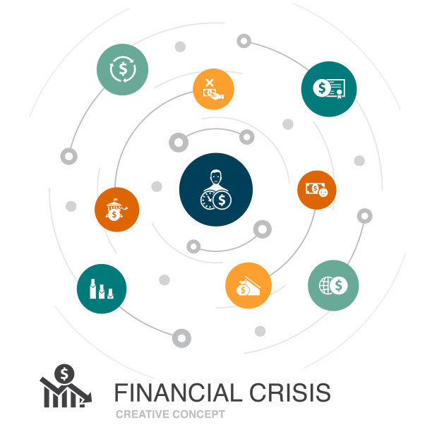 金融危机彩色圈概念与简单的图标。包含预算赤字、不良贷款、政府债务、再融资等要素图片下载