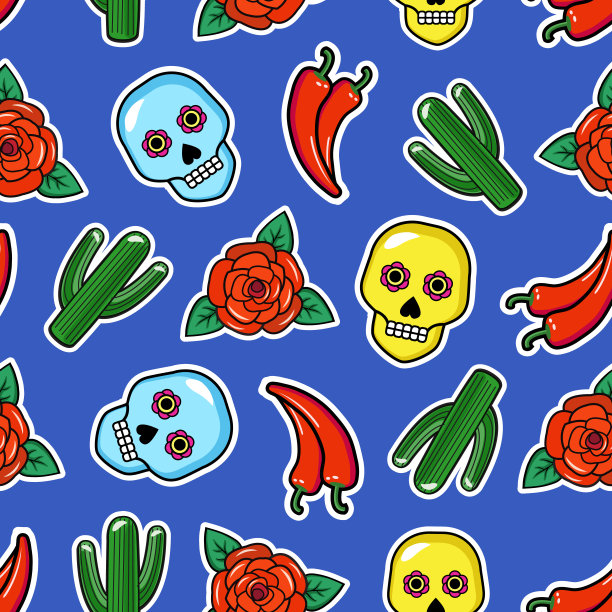 无缝图案的墨西哥标志补丁头盖骨，胡椒，玫瑰花和仙人掌。图片下载
