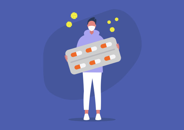 预防冠状病毒感染，年轻男性角色戴着防护口罩，手里拿着起泡的药片图片下载