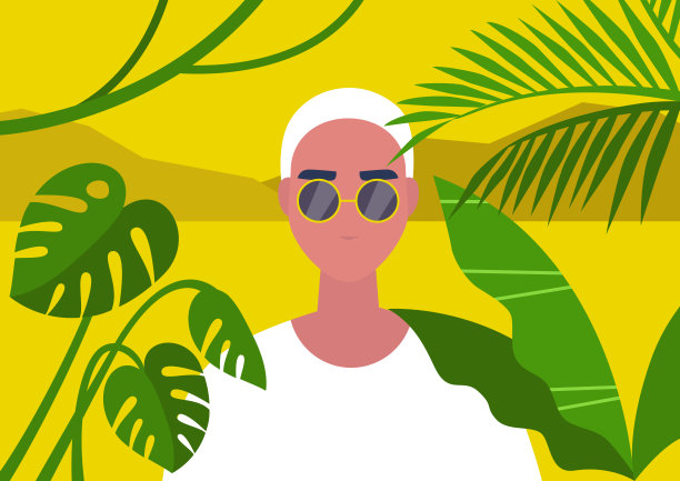 丛林自然，旅游目的地，一个年轻男子的肖像被热带植物的叶子框起来图片下载