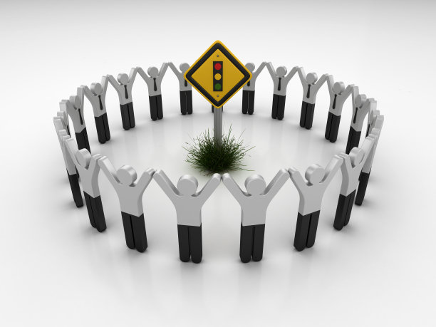 交通灯道路标志与象形文字团队人员- 3D渲染图片下载