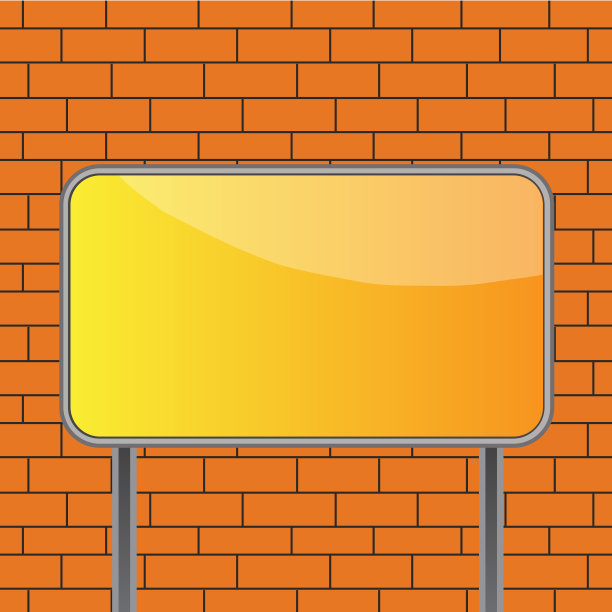 用两根金属杆固定在地上的木板。带圆角边框的彩色矩形空标志。空白框架板上的彩色背景。图片下载