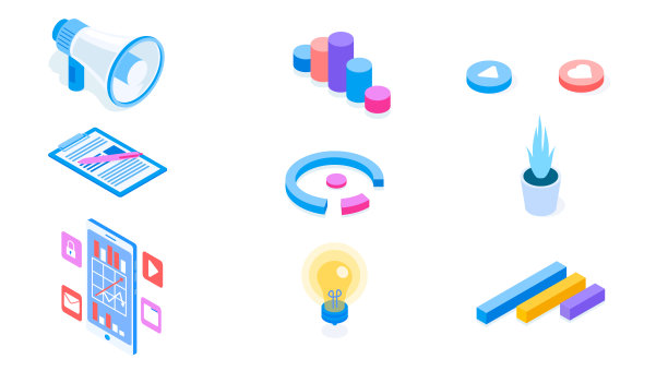 现代营销对象集扬声器和图表矢量等距三维插图。图片下载