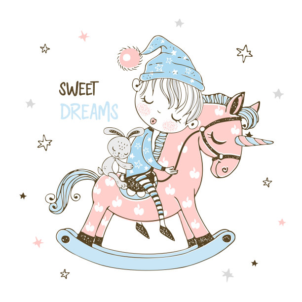 可爱的小男孩正在独角兽玩具马上甜蜜地睡觉。向量图片下载