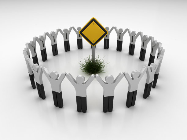 空白路标与象形文字团队合作的人- 3D渲染图片下载