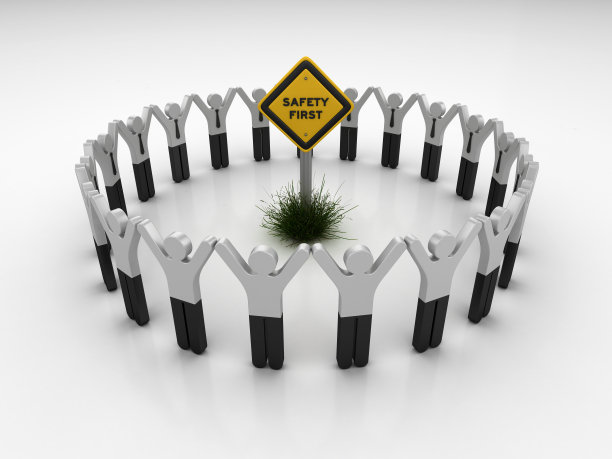 安全第一路标与象形文字团队人员- 3D渲染图片下载