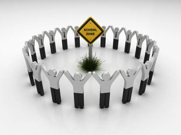 学校区路标与象形文字团队合作- 3D渲染图片下载