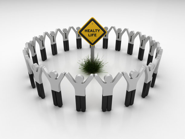 健康生活路标与象形文字团队人员- 3D渲染图片下载