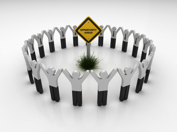机会在前面的道路标志与象形文字团队人员- 3D渲染图片下载