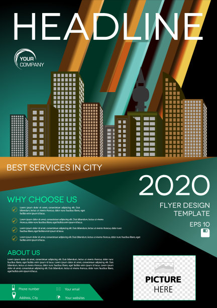 矢量传单，公司业务，年度报告，宣传册设计和封面展示与绿色梯度的矢量城市背景图片下载