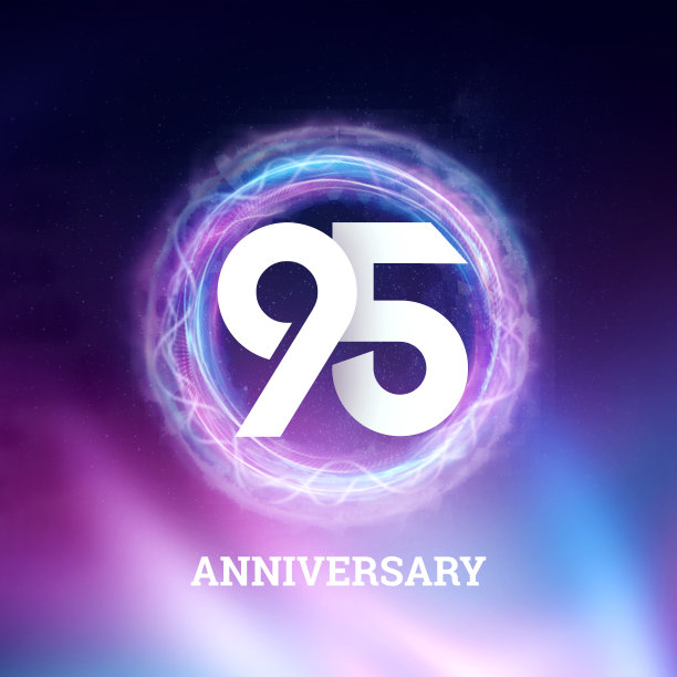 白色数字95周年庆典在黑色背景与霓虹灯抽象设计。庆祝模板，贺卡，节日模板，传单，拷贝空间。图片下载