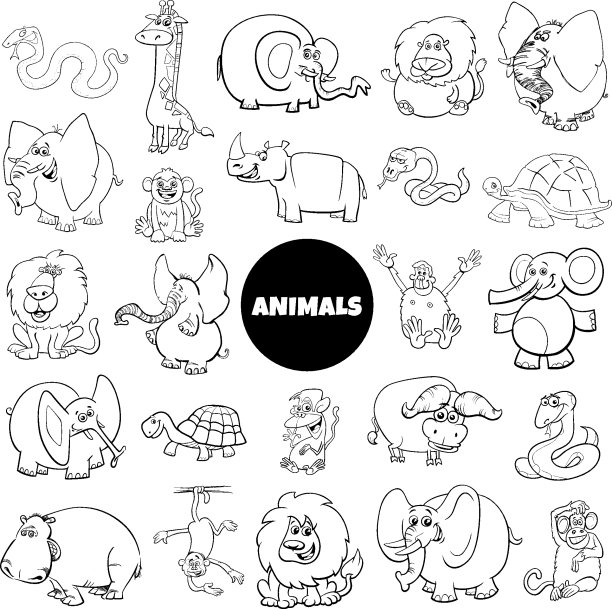 非洲动物人物大套色书页图片下载