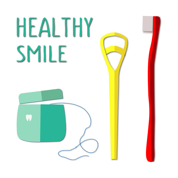 将牙刷、牙线、舌头刷。文本健康的微笑。口腔卫生。矢量图图片下载