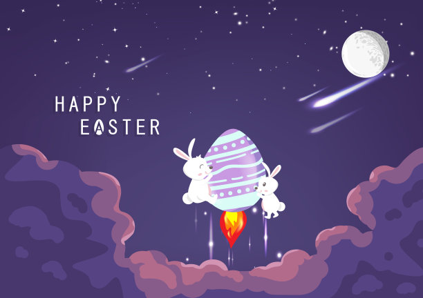 复活节快乐，可爱的兔子在天空中骑火箭蛋，天文探险概念，贺卡，卡通邀请海报背景矢量插图图片下载