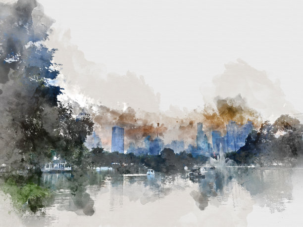 抽象色彩的办公大楼在夜间以水彩插画为背景。图片下载