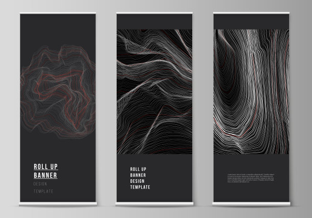 矢量插图的可编辑布局的滚动旗帜站，垂直传单，旗帜设计业务模板。三维网格表面，波浪矢量背景与涟漪效应。图片下载