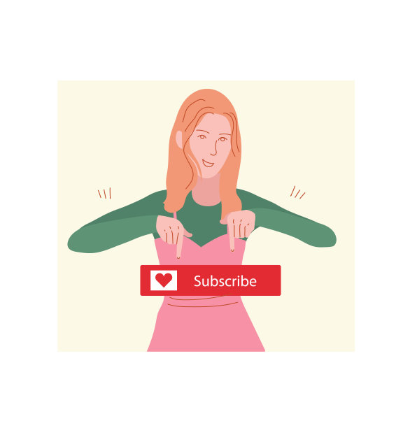 平面矢量插图在手绘风格与女孩谁点上订阅按钮。视频博主以简单的线条色彩风格。女人展示纽扣和微笑。人们在社交网络或在线渠道中做手势图片下载