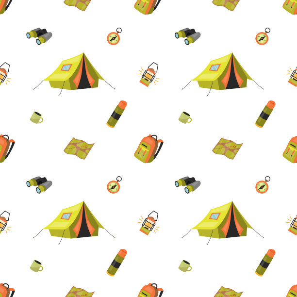 露营的概念。无缝模式的露营图标孤立在白色背景。卡通平的风格。矢量图图片下载
