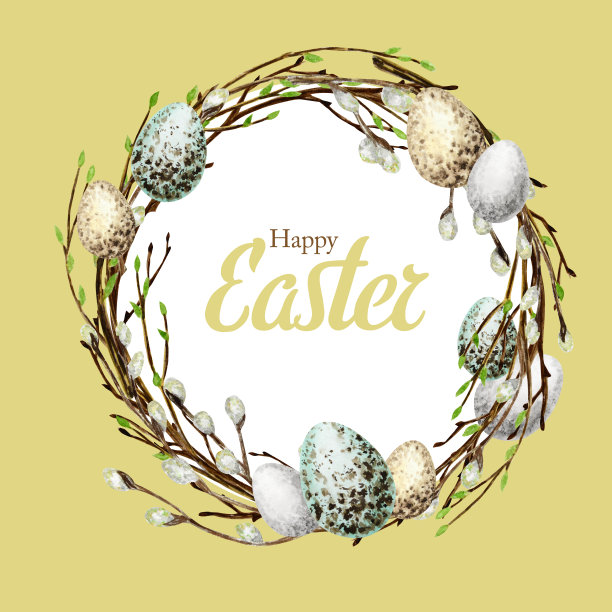 水彩春天快乐复活节花圈与题词，手写字母。树枝上有鸡蛋，树叶，柳条框插图。设计的邀请，贺卡，海报的概念。图片下载