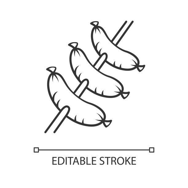 烤香肠串上线形图标。肉店,肉。不健康的营养，快餐。肉类烹饪。细线说明。轮廓的象征。矢量孤立轮廓绘制。可编辑的中风图片下载